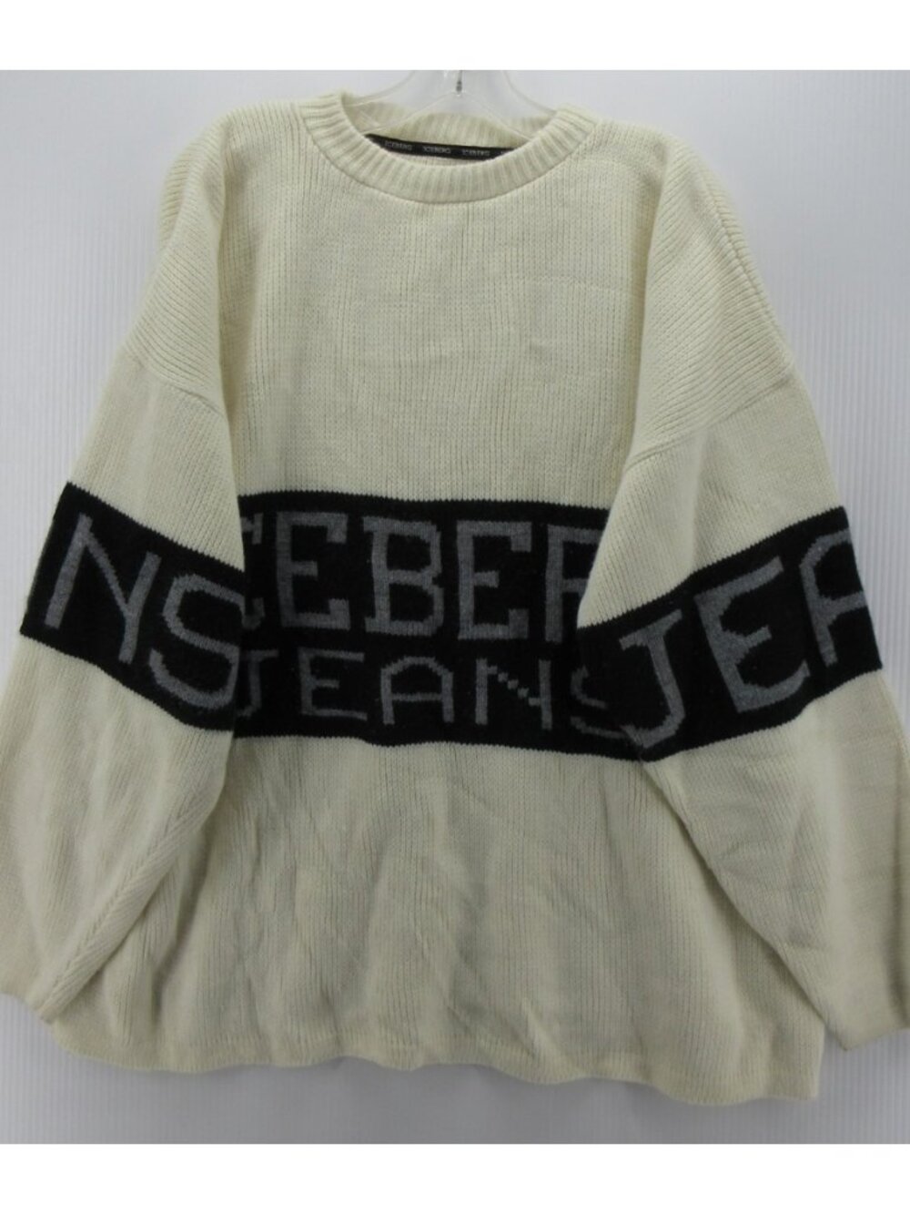 VINTAGE Iceberg Jeans Sweater XXL Cream Wool Spell Out Hip Hop 90s *